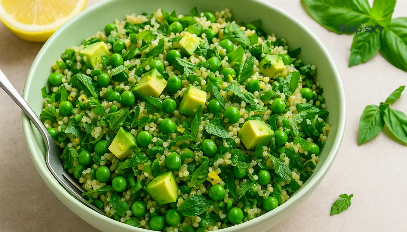 Herbed Lemon-Pea Quinoa Toss A bowl of quinoa salad with green peas, avocado, and herbs on a light beige surface