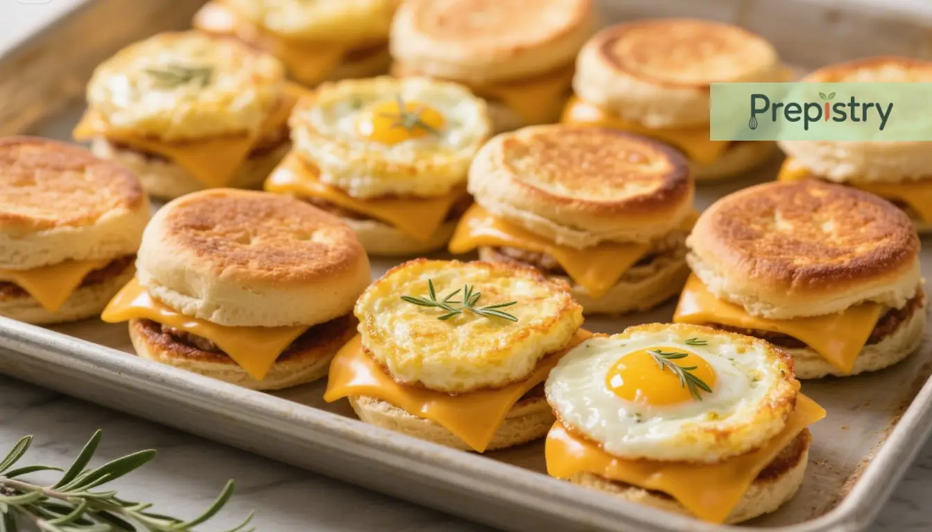 Herbed Muenster & Fluffy Egg Sandwiches A tray of breakfast sandwiches with fluffy eggs, Muenster cheese, and fresh rosemary.