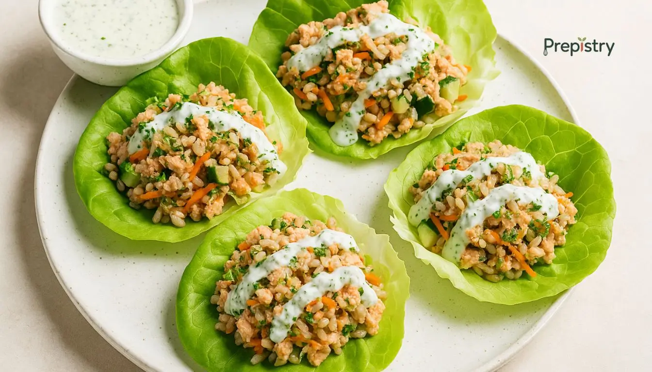Herbed Salmon & Farro Lettuce Cups Fresh lettuce cups filled with salmon, farro, and vegetables, drizzled with herb yogurt sauce