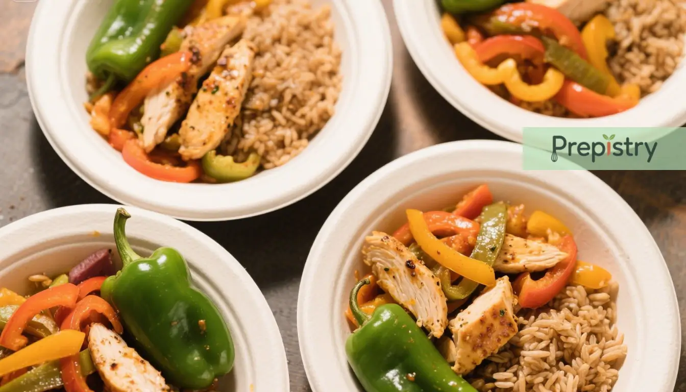 High-Protein Chicken Fajita Meal Prep Bowls Chicken fajita meal prep bowls with seasoned chicken, bell peppers, and rice.