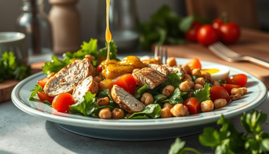High-quality close-up shot of a freshly prepared protein-packed salad being assembled on a light blue ceramic plate, with a wooden cutting board and utensils in the background. The salad includes a variety of colorful ingredients such as leafy greens, cherry tomatoes, grilled chicken breast, hard-boiled eggs, roasted chickpeas, and a drizzle of a vibrant vinaigrette dressing. Warm, natural lighting illuminates the scene, highlighting the textures and vibrant colors of the ingredients. The overall composition emphasizes the abundance of nutritious, protein-rich elements that make up this satisfying and wholesome salad.