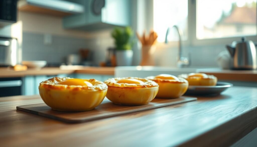 High-quality, hyper-realistic photograph of oven-baked egg rounds placed on a wooden kitchen countertop, shot with a wide-angle lens in a cozy, minimal kitchen environment with light blue accents. The eggs have a golden-brown, perfectly cooked exterior and a soft, runny yolk center. The image is bathed in warm, natural lighting from a nearby window, casting gentle shadows and highlights across the scene. The background features simple, neutral-toned cabinets and appliances, allowing the delicious-looking egg rounds to be the focal point.