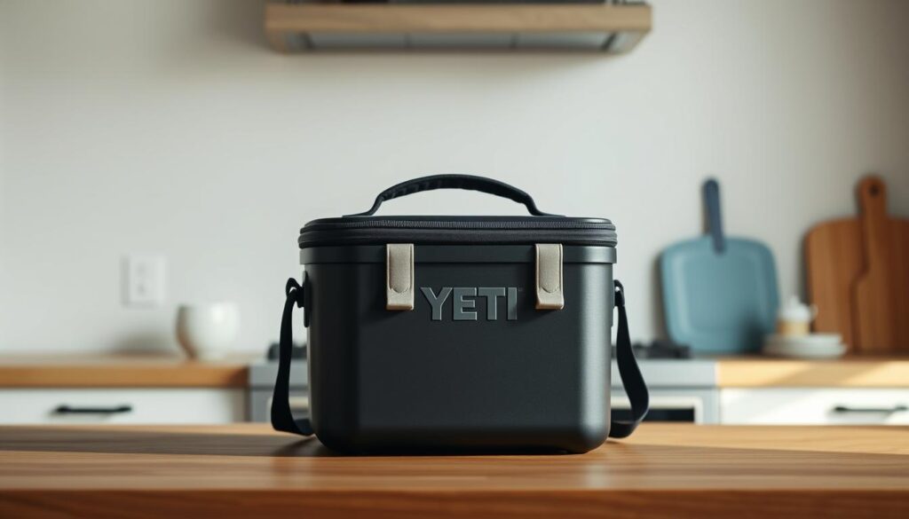 High-quality insulated lunch box in a minimalist, natural-toned kitchen setting. The premium Yeti Daytrip lunch box is prominently displayed on a wooden countertop, its sleek, matte black exterior accentuated by crisp, even lighting. Soft blue accents in the background, such as a small ceramic vase or a kitchen towel, complement the subdued color palette. The scene conveys a sense of simplicity and functionality, highlighting the lunch box's practical design and durable construction. The camera angle is slightly elevated, providing a clean, unobstructed view of the product.