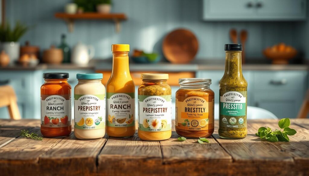 Homemade gluten-free sauces artfully arranged on a rustic wooden table in a cozy kitchen with light blue accents. A variety of mouthwatering condiments and dressings, including creamy cashew-based ranch, zesty lemon vinaigrette, and savory pesto, all bearing the Prepistry logo. Soft, natural lighting emphasizes the vibrant colors and textures of the homemade goodness. An inviting scene that captures the essence of effortless, gluten-free meal prep.