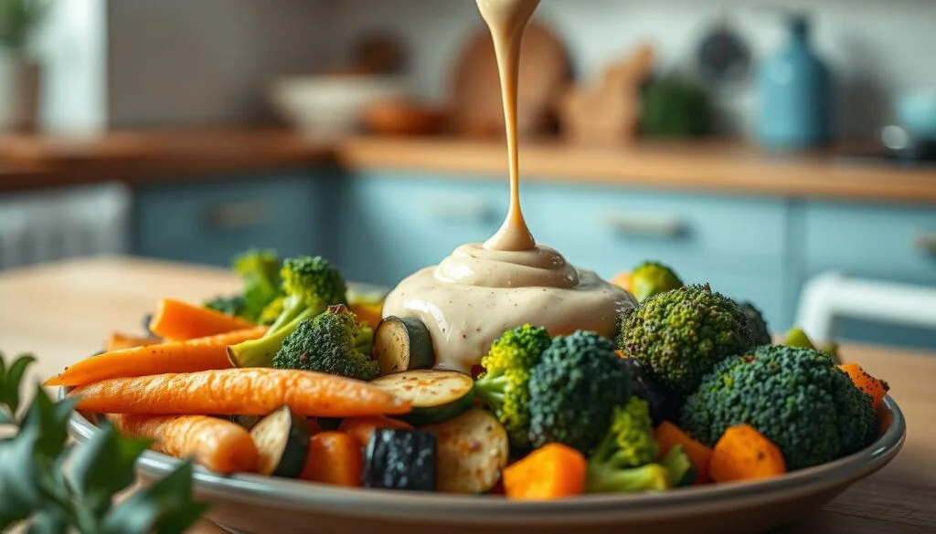 Homemade tahini sauce drizzled over a vibrant arrangement of freshly roasted vegetables - earthy carrots, crisp zucchini, and tender broccoli florets. The scene is set in a cozy, minimal kitchen with warm wooden countertops and light blue accents, bathed in soft, natural lighting that casts a gentle glow. The composition is clean and uncluttered, allowing the vibrant colors and textures of the ingredients to take center stage, hinting at the nourishing, flavorful meal to come.