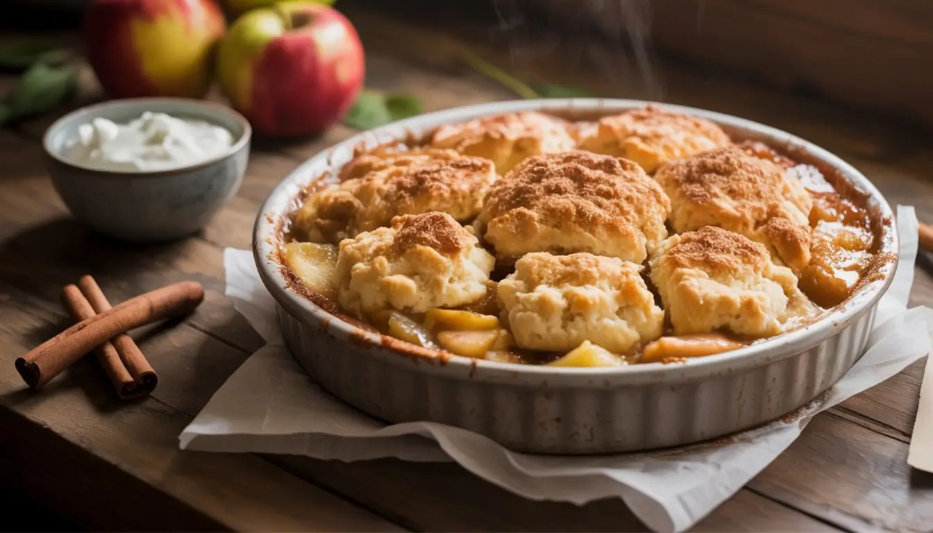 Homestyle Baked Apple Breakfast Cobbler 2 Baked apple cobbler with biscuit topping and cinnamon, served with yogurt.