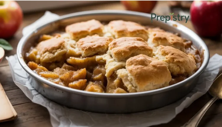 Apple cobbler with golden biscuit topping, fresh apples, and cinnamon.