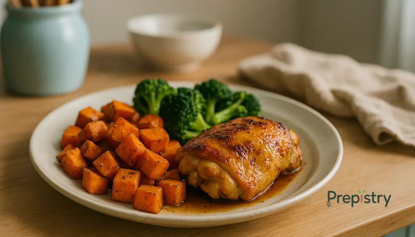 Honey-Lime Chicken Sweet Potatoes Honey-lime chicken thigh with roasted sweet potatoes and broccoli on a plate, warm light.