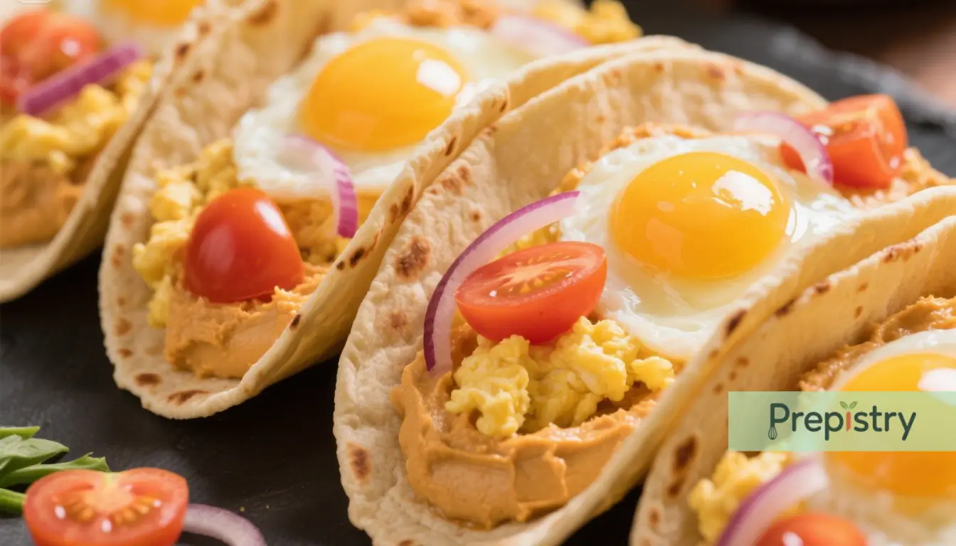 Hummus Breakfast Tacos Close-up of hummus breakfast tacos with scrambled eggs, fried eggs, and tomatoes.