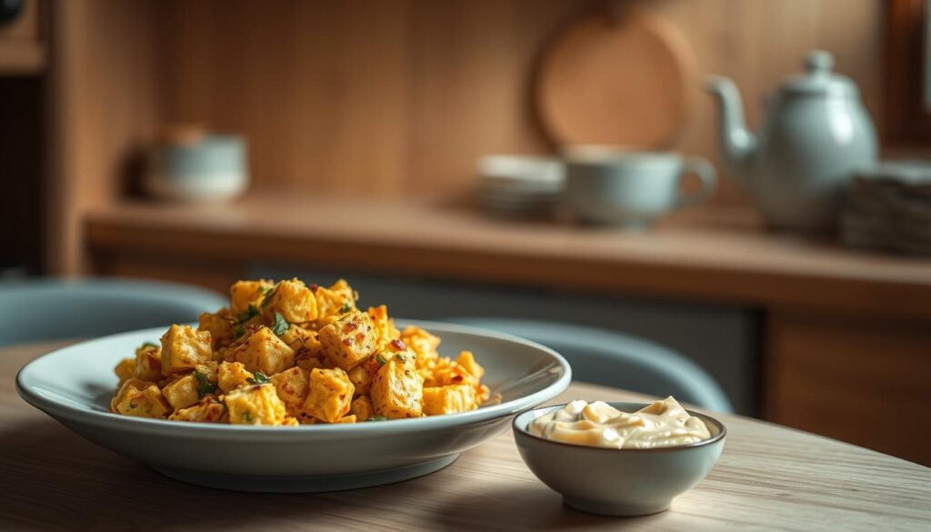 In a cozy, minimal kitchen environment with wooden textures and light blue accents, a plate of fragrant tofu scramble is presented alongside a small bowl of creamy nut cheese. The tofu is golden-brown, flecked with herbs and spices, while the nut cheese has a soft, spreadable texture. The lighting is warm and natural, casting a soft glow over the scene. The composition is clean and uncluttered, allowing the plant-based dishes to shine as the focal points. The atmosphere is inviting and nourishing, capturing the essence of a diverse, protein-rich breakfast.