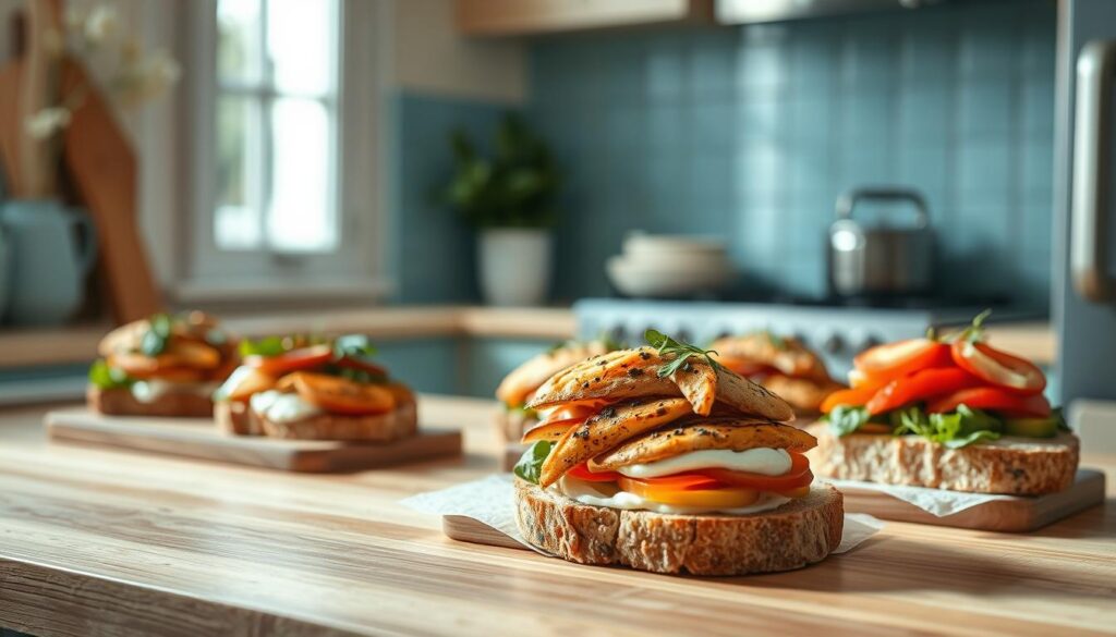In a cozy, minimal kitchen with wooden textures and light blue accents, a visually appealing arrangement of savory sandwich recipes takes center stage. Artfully crafted open-faced sandwiches, bursting with high-protein ingredients like grilled chicken, roasted vegetables, and creamy spreads, are presented in a natural, appetizing manner. The lighting is soft and warm, casting a gentle glow on the delectable sandwiches, inviting the viewer to imagine the delicious flavors and satisfying textures. The scene conveys a sense of simplicity and wholesome nourishment, perfectly embodying the "Why You'll Love These High Protein Recipes" section of the article.