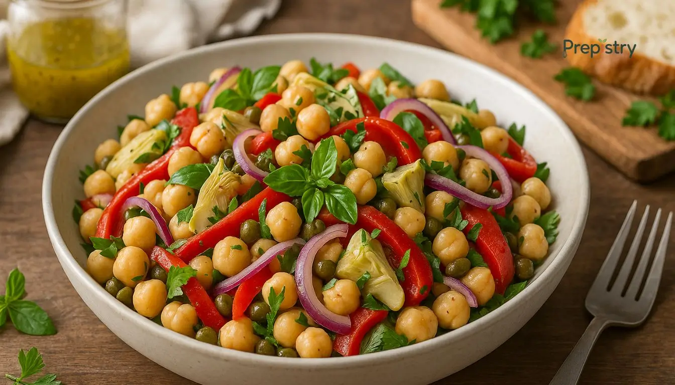 Italian-Inspired Crunchy Chickpea Caponata Salad A white bowl filled with chickpeas, red peppers, artichokes, red onion, and fresh basil