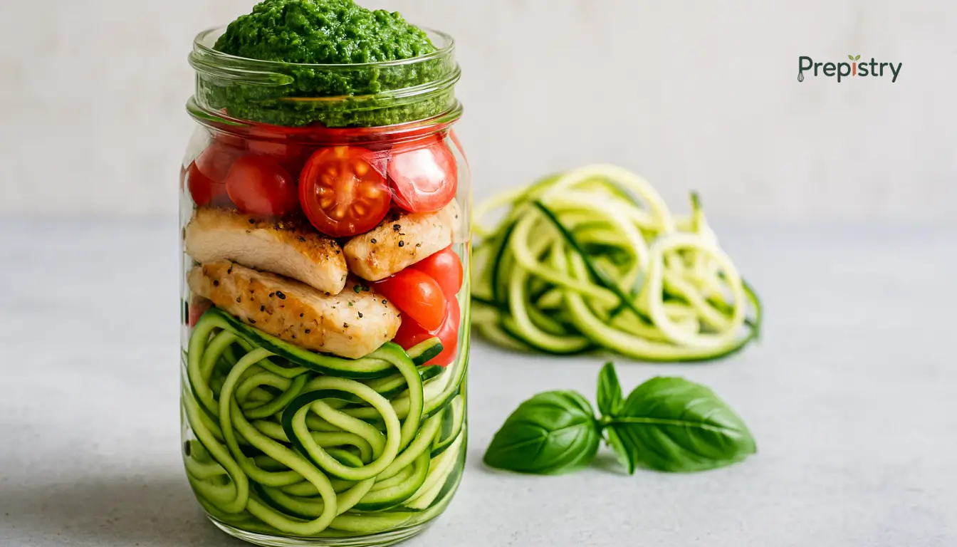 Kale Pesto Chicken & Zucchini Noodle Jars Layered mason jar filled with zucchini noodles, grilled chicken, cherry tomatoes, and kale pesto