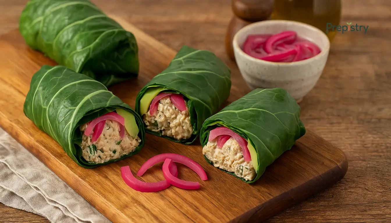 Keto Smoky Chicken Salad Collard Wraps Collard wraps filled with chicken salad and pickled onions on a wooden board