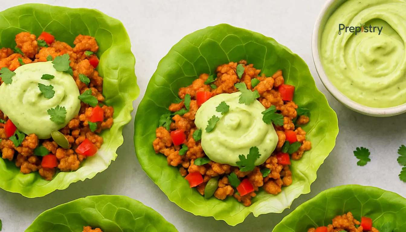 Keto Spicy Chicken Lettuce Bowls Spicy chicken lettuce bowls with avocado crema, bell peppers, and cilantro on a plate