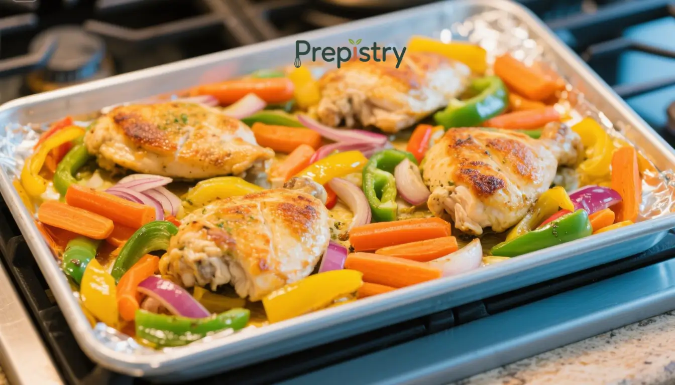 Kid-Approved Rainbow Sheet Pan Chicken Bake Sheet pan holds golden chicken thighs with colorful bell peppers, carrots, and red onion.
