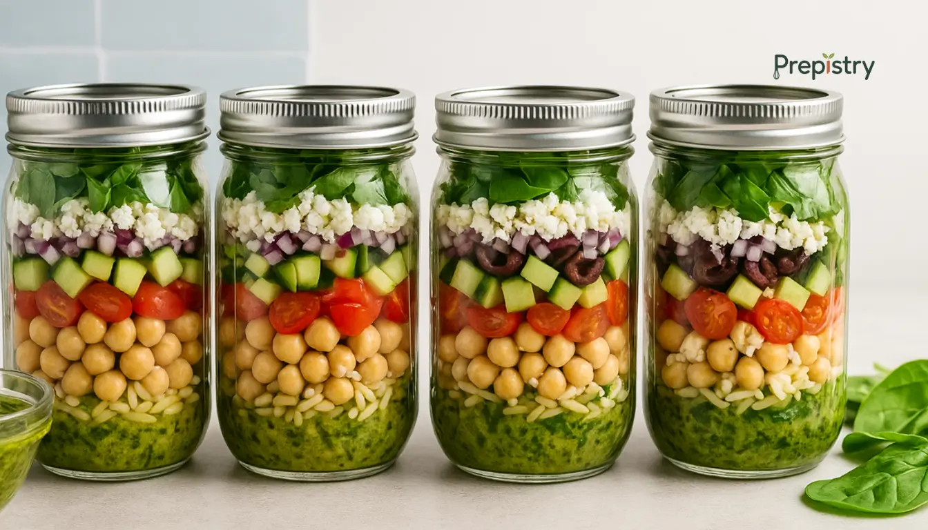 Layered Chickpea Pesto Orzo Salad Jars Layered chickpea pesto orzo salad jars with vegetables and spinach arranged in mason jars