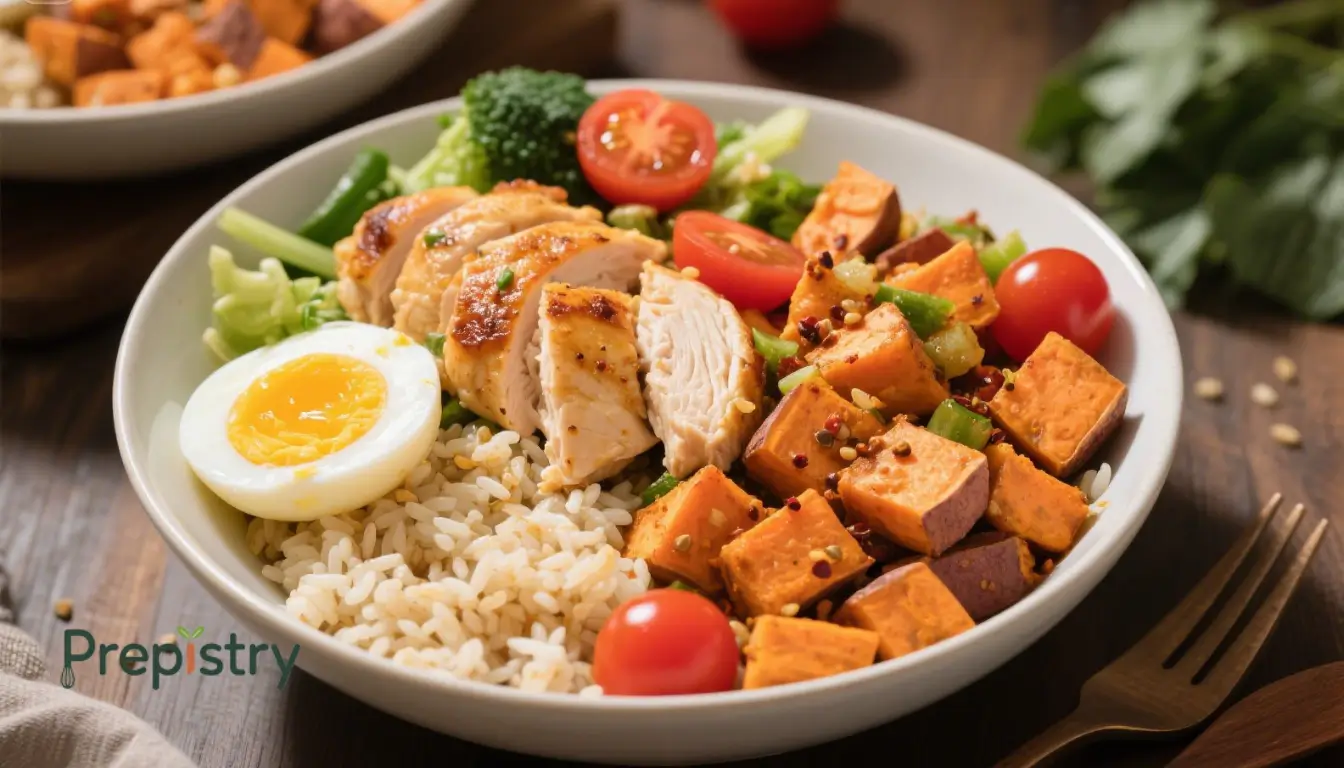 Leftover Chicken Sweet Potato Hash Grain Bowl Bowl with quinoa, roasted sweet potatoes, shredded chicken, veggies, and half egg