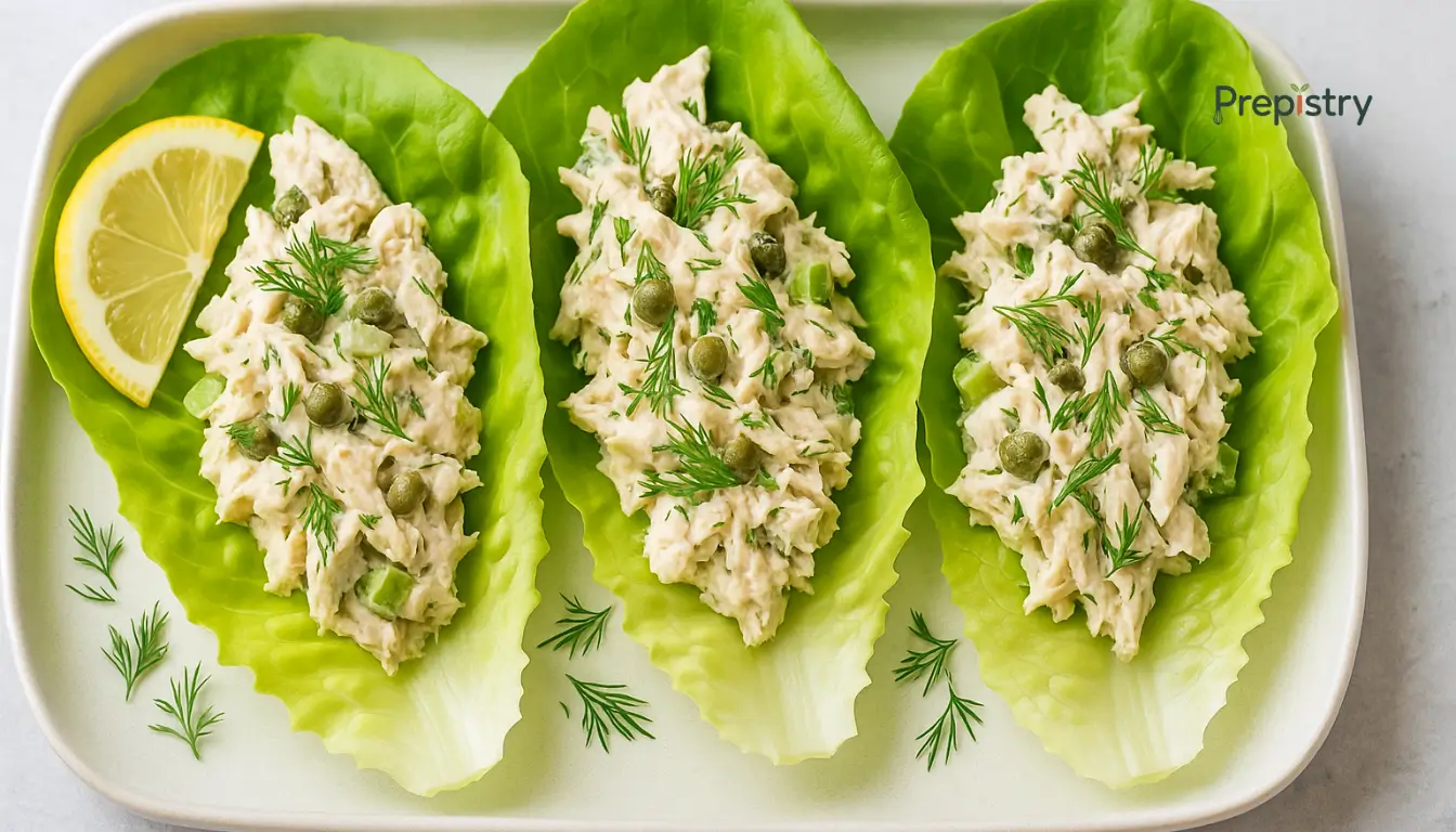 Lemon-Caper Chicken Salad Lettuce Boats Three lettuce leaves filled with creamy lemon-caper chicken salad, garnished with dill