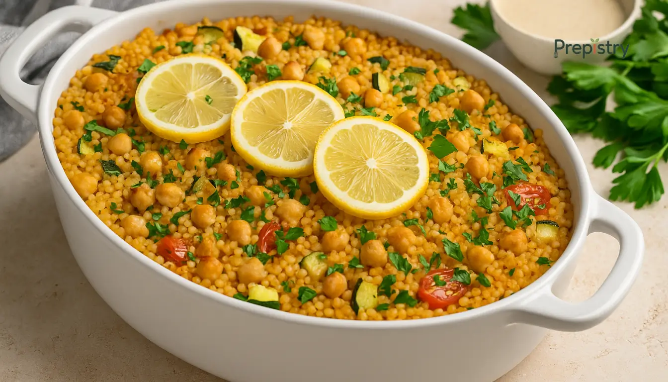 Lemon Chickpea Couscous Casserole Golden chickpea couscous casserole with lemon slices and parsley in a white baking dish