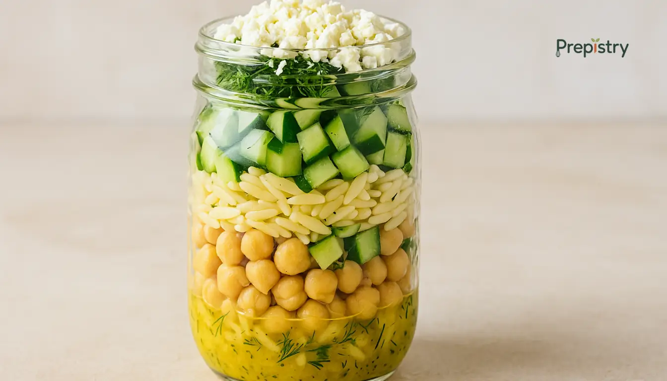 Lemon-Dill Chickpea Orzo Jar Salad Layered chickpea orzo jar salad with cucumber, dill, and feta in a glass container