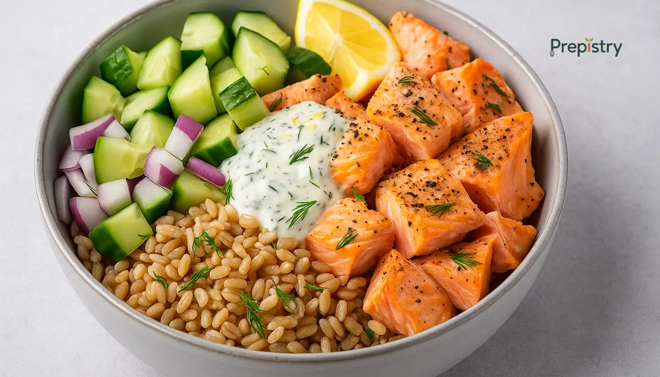 Lemon Dill Salmon and Farro Power Bowls Bowl of salmon, farro, cucumber, red onion, and creamy dill sauce with lemon wedge