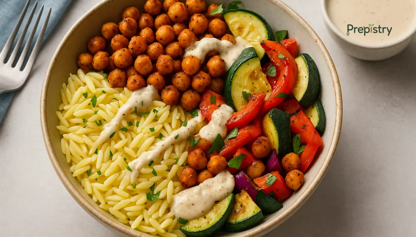 Bowl of lemon-garlic orzo with spiced chickpeas, zucchini, peppers, and tahini drizzle