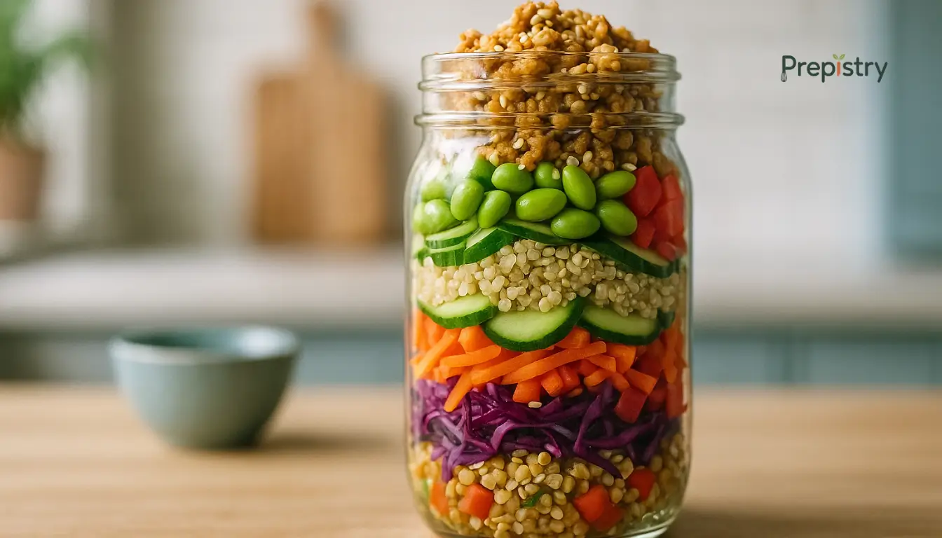 Lemon-Ginger Tempeh & Edamame Protein Lemon-Ginger Tempeh & Edamame Protein Salad Jar on wooden surface