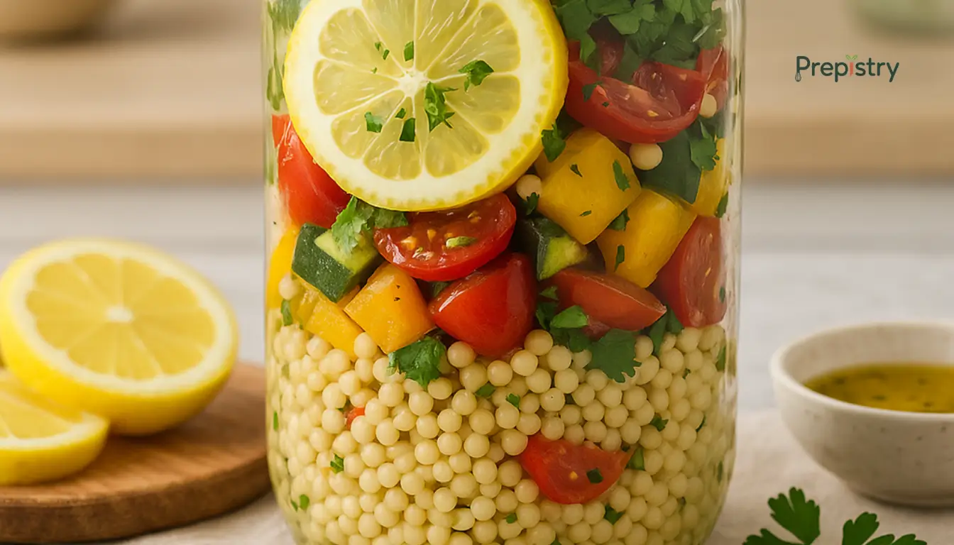 Lemon-Herb Couscous Veggie Jars Mason jar layered with pearl couscous, roasted vegetables, and fresh lemon slice on top