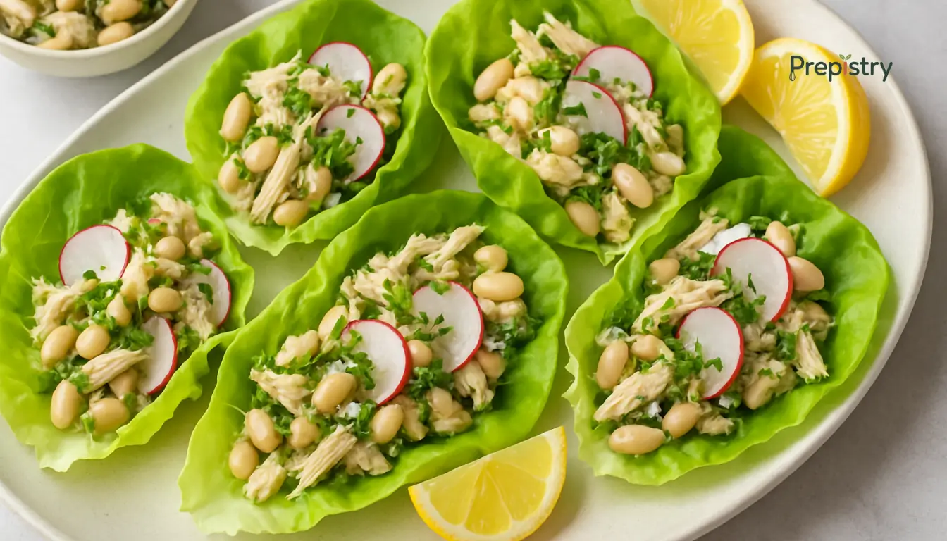 Fresh lettuce wraps filled with chicken, white beans, herbs, and radish slices on a white plate