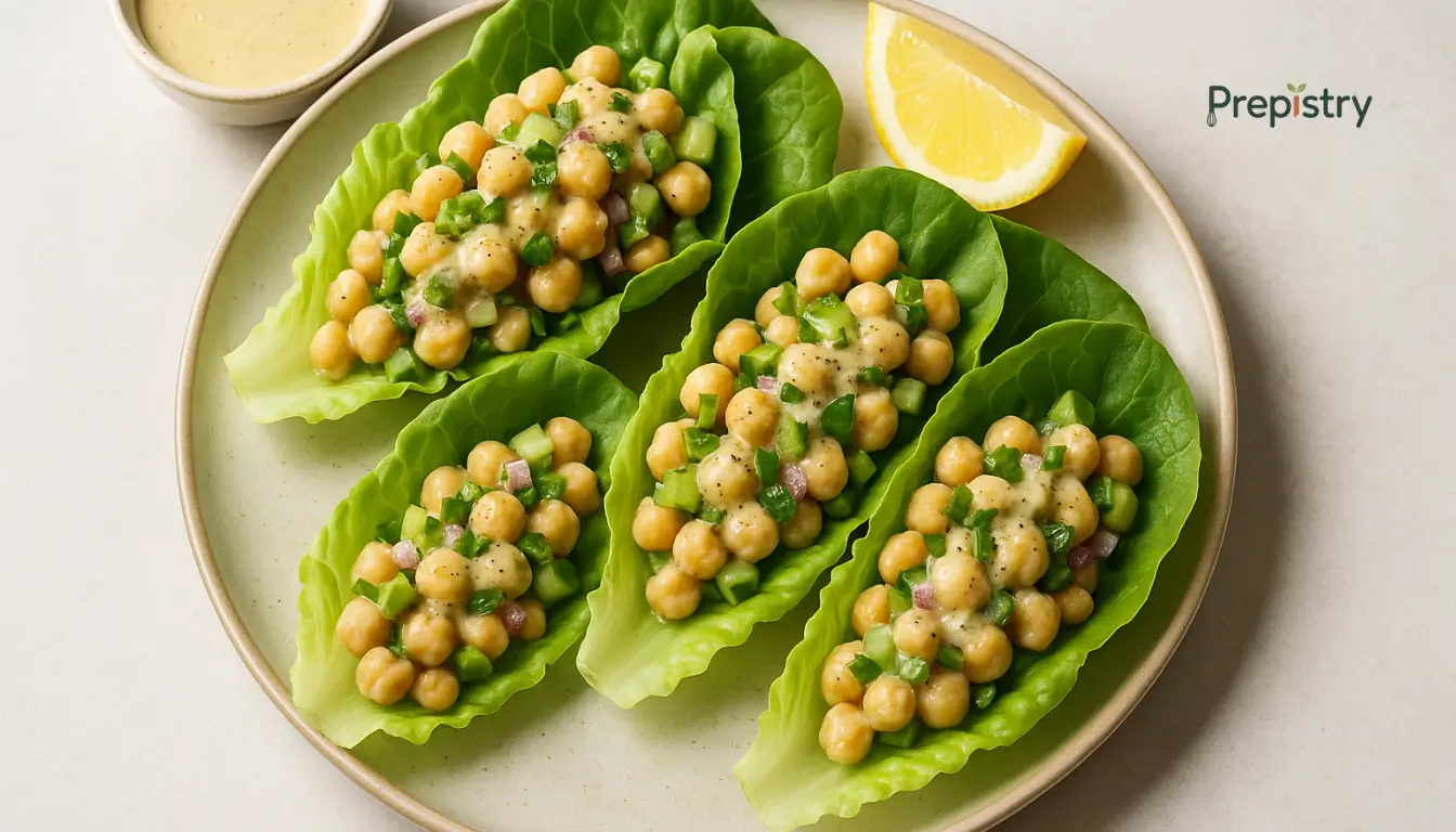Lemon-Tahini Chickpea Salad Wraps Chickpea salad wrapped in lettuce with lemon-tahini dressing