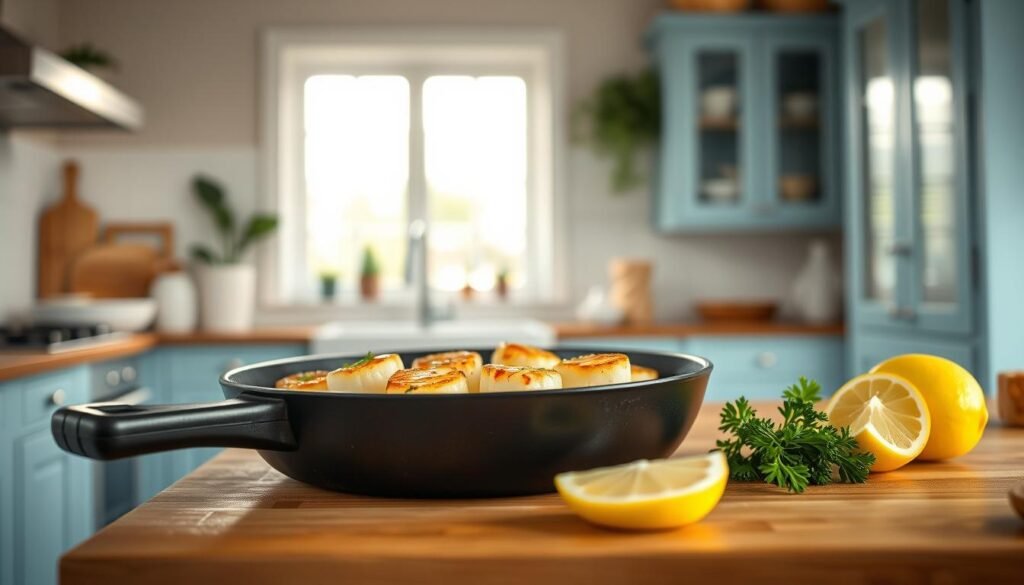 Lemon-garlic butter scallops sizzling in a cast-iron skillet on a wooden kitchen counter, accompanied by fresh parsley sprigs and lemon wedges. Soft, even lighting from a large window casts a warm glow, highlighting the succulent texture of the scallops and the vibrant hues of the ingredients. The kitchen's light blue cabinets and minimalist decor create a cozy, inviting atmosphere, perfect for showcasing this delectable seafood dish.