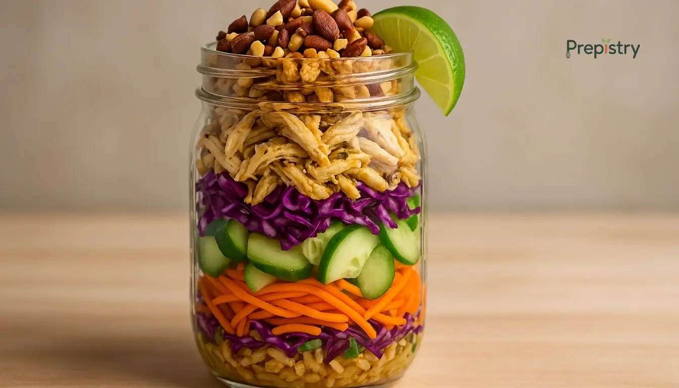 Lemongrass Chicken & Crunchy Rice Salad Jars Layered jar salad with lemongrass chicken, colorful veggies, and crispy rice, topped with lime
