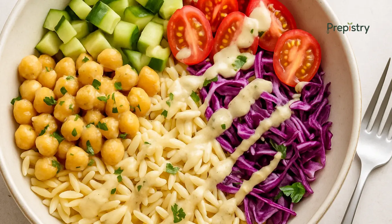 Lemony Chickpea Orzo Lunch Bowls Warm lemon orzo chickpea soup in bowl with herbs and sliced lemon