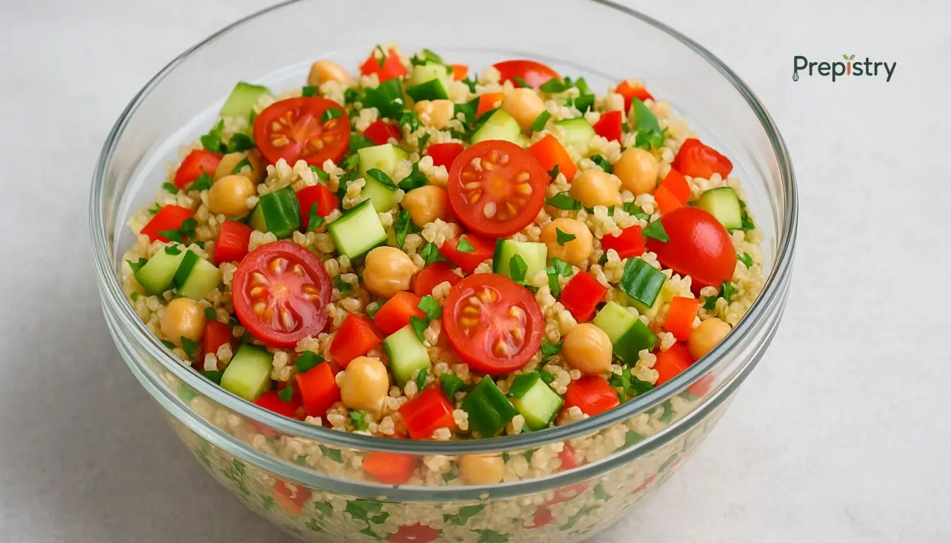 Lemony Confetti Quinoa Salad A colorful quinoa salad with chickpeas, cucumbers, tomatoes, and bell peppers in a glass bowl