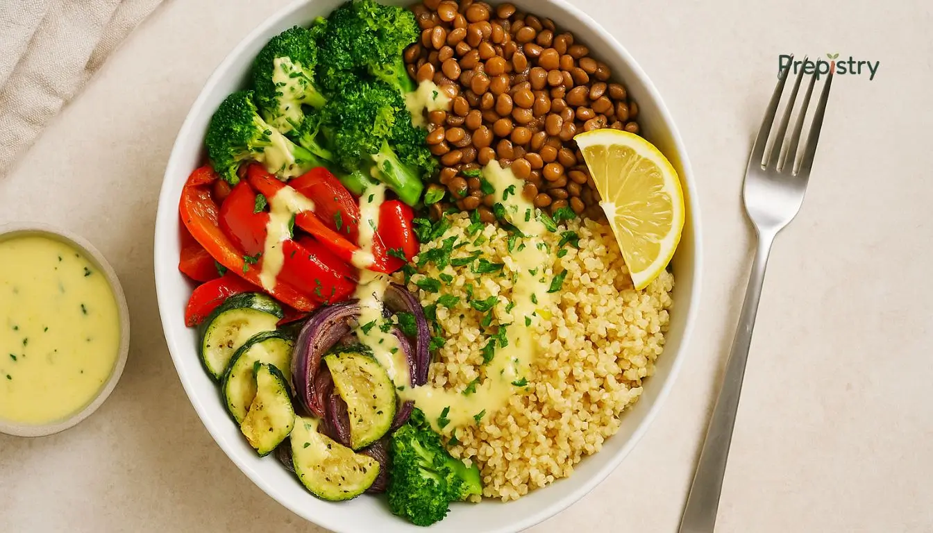 Lemony Lentil & Quinoa Lunch Bowls Healthy lunch bowl with quinoa, lentils, roasted veggies, and lemon tahini drizzle