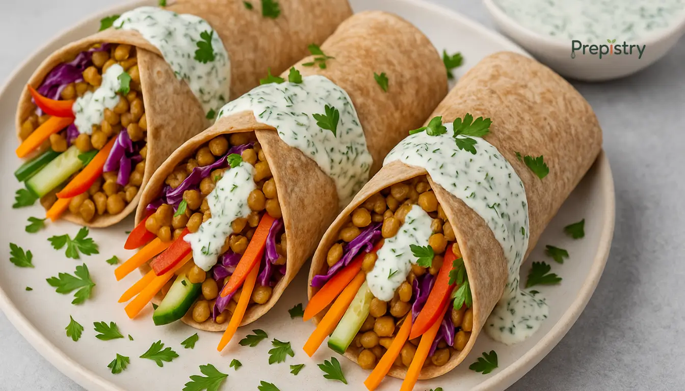 Whole wheat lentil wraps with rainbow veggies and herbed yogurt drizzle on a plate