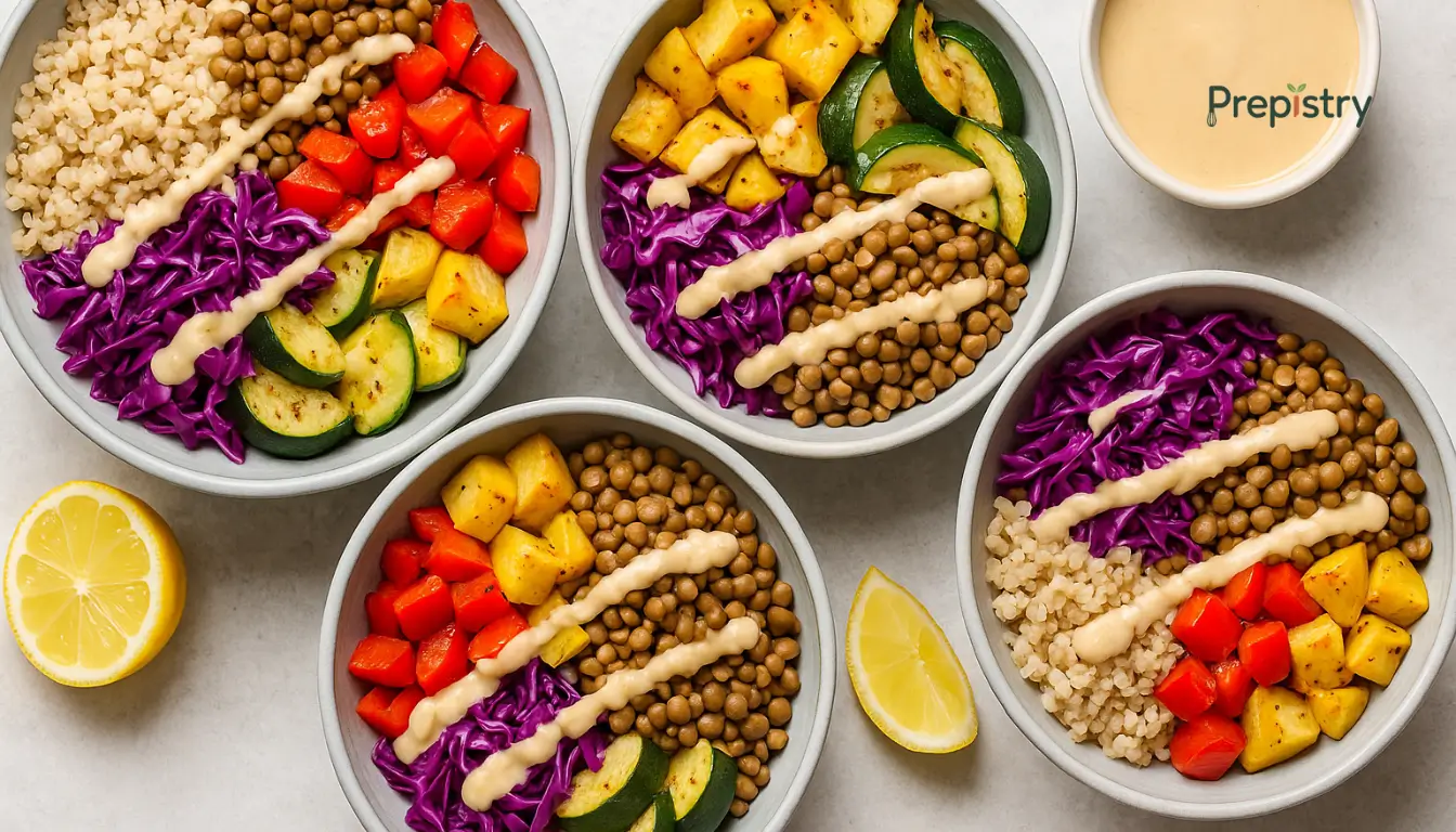Lentil & Quinoa Rainbow Energy Bowls Colorful quinoa and lentil bowls topped with roasted veggies and tahini drizzle