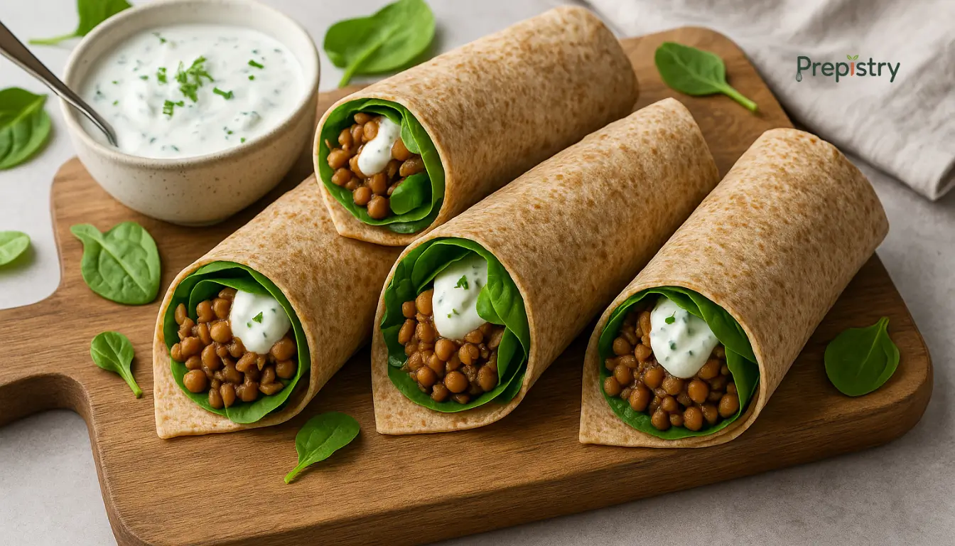 Lentil Walnut Power Wraps with Zesty Yogurt Sauce Lentil walnut wraps with spinach and yogurt sauce on a wooden board