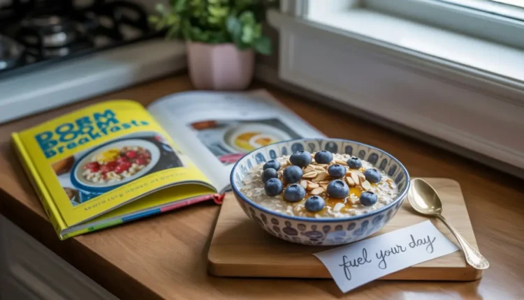 Oatmeal with blueberries, almonds, and honey, accompanied by a breakfast cookbook and a "fuel your day" note.