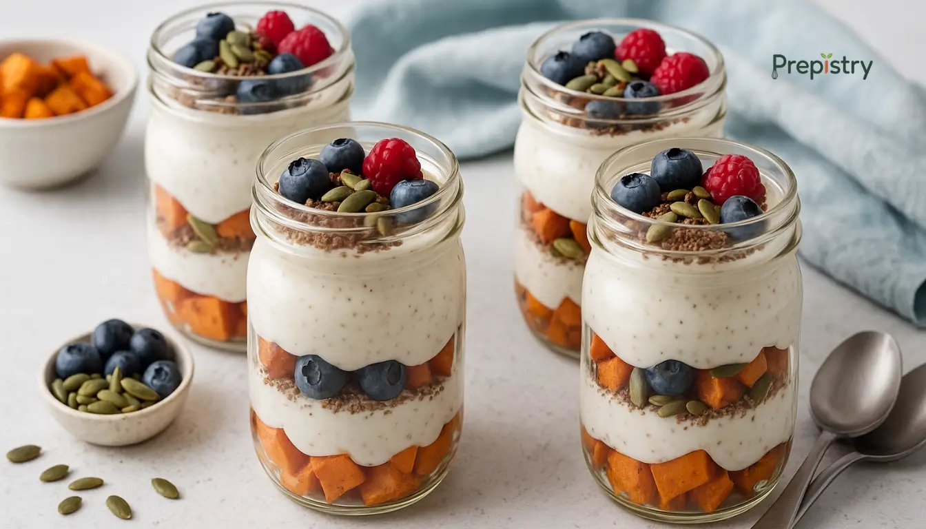 Layered yogurt parfait jars with roasted sweet potato, fresh berries, and seeds
