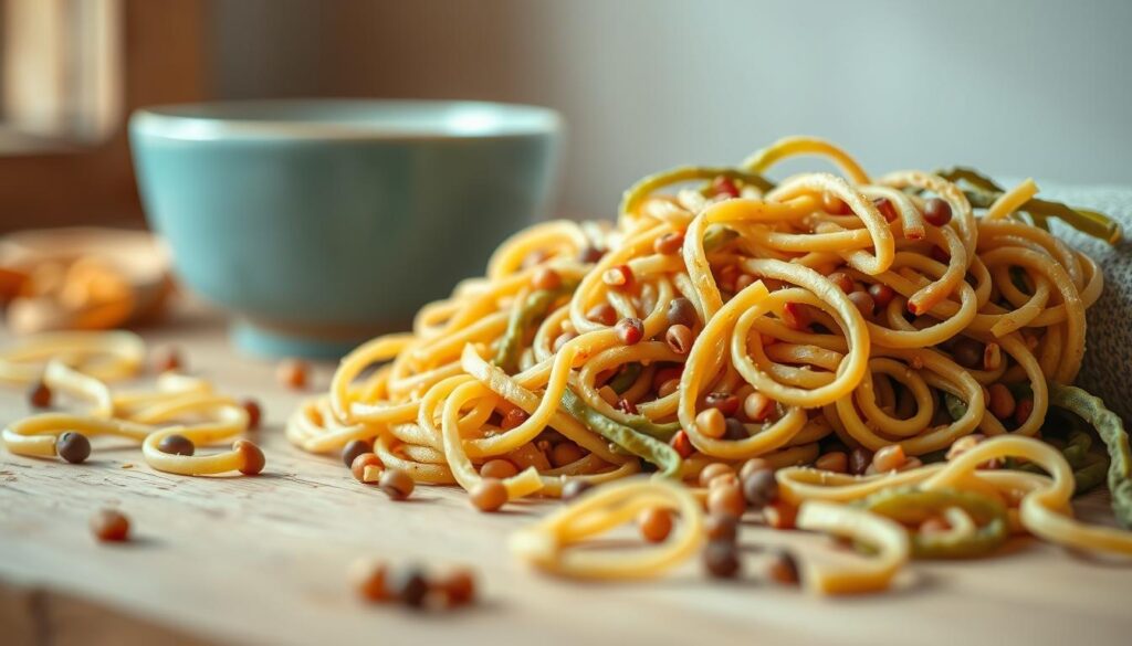 Lush legume pasta noodles in a variety of shapes and colors, including spirals, ribbons, and tubes, arranged artfully on a wooden table with a light blue ceramic bowl. Soft, diffused lighting casts a warm glow, highlighting the varied textures and natural hues of the legume-based ingredients. The scene exudes a sense of wholesome simplicity, inviting the viewer to imagine the delicious and nutritious plant-based meal that could be crafted from these innovative legume pasta options.