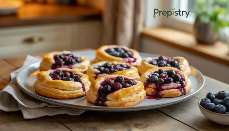 Blueberry cream cheese danishes on a plate with fresh blueberries nearby.