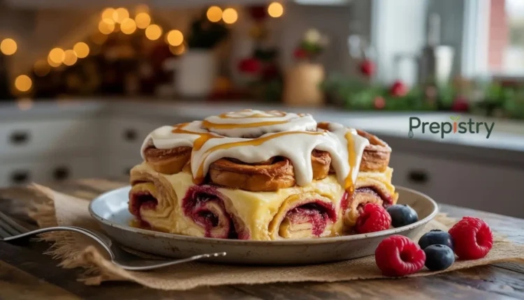 Cinnamon roll breakfast casserole topped with icing and cream cheese, served with berries.
