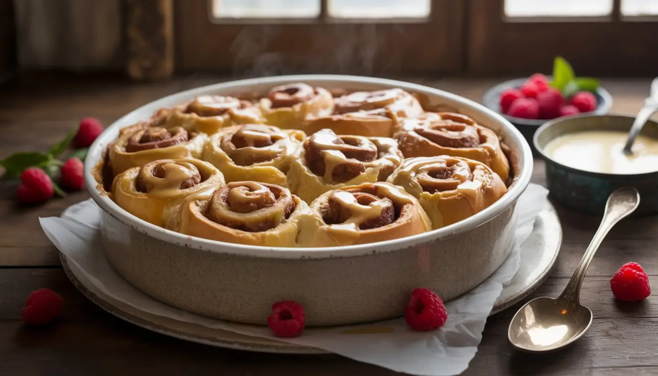 Make-Ahead Cinnamon Roll Breakfast Casserole 2 Baked cinnamon roll breakfast casserole with icing drizzled and raspberries.