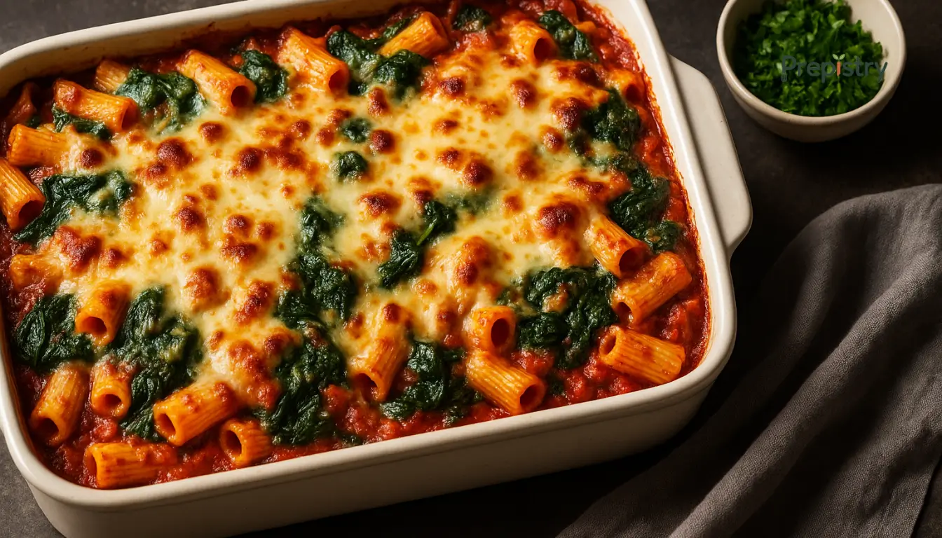 Make-Ahead Creamy Spinach Pasta Bake Golden-baked rigatoni pasta with spinach and melted cheese in a white casserole dish