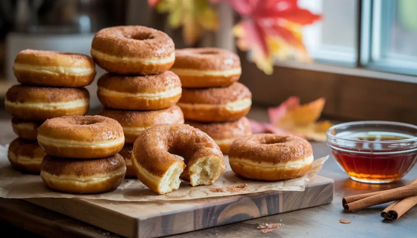 Vermont Maple Cinnamon Sugar Donuts 2 A stack of maple cinnamon sugar donuts with one bite taken out and a bowl of tea.