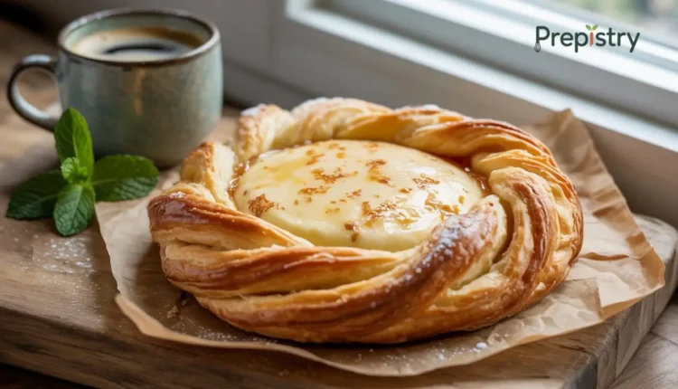 A round, twisted cream cheese Danish drizzled with maple glaze next to a cup of coffee.