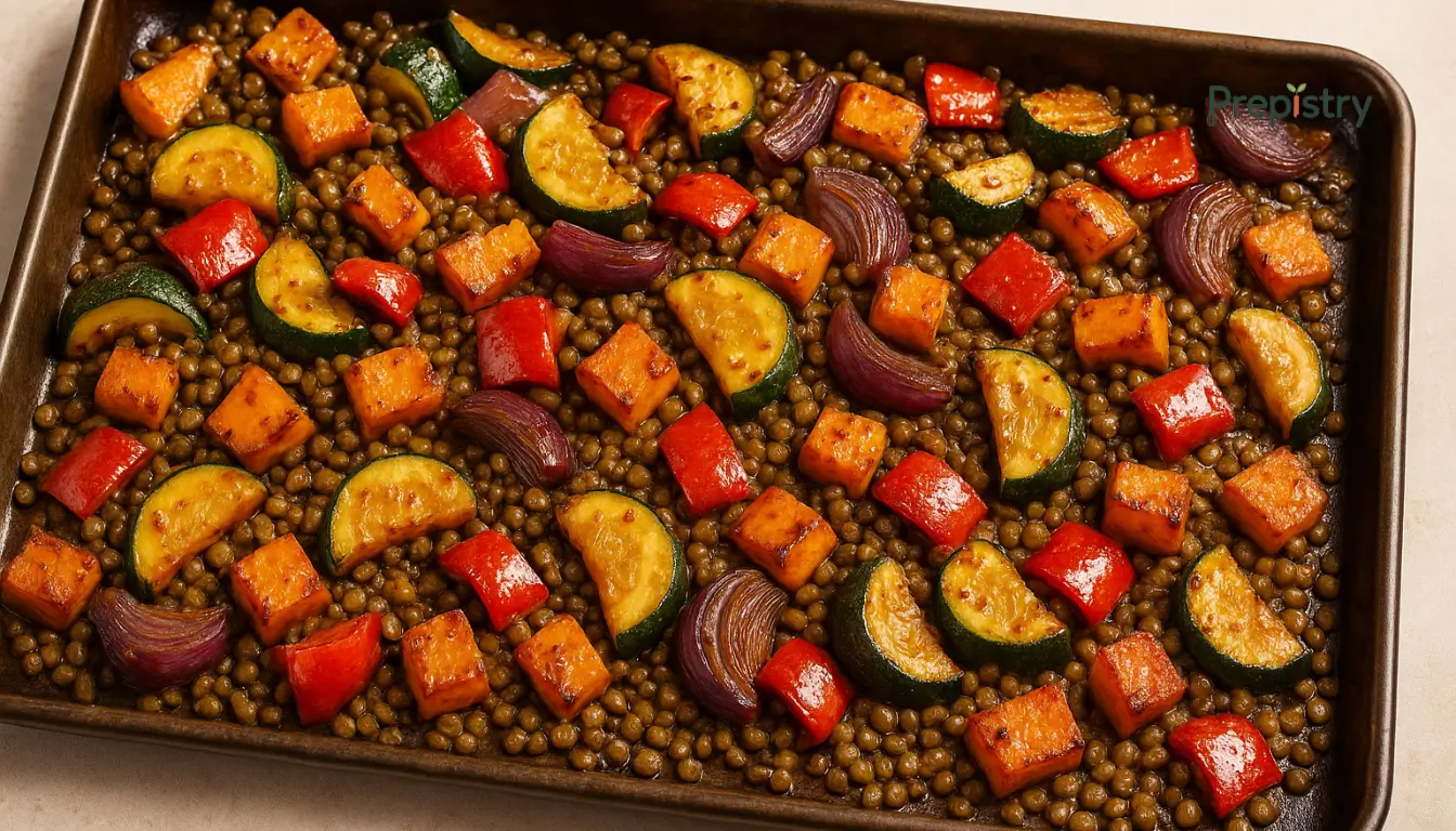 Maple Miso Roasted Veggie & Lentil Medley Roasted sweet potatoes, zucchini, red peppers, and onions over lentils on a baking sheet