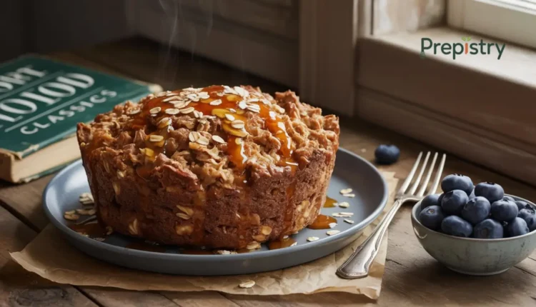 Maple oatmeal bread pudding with syrup, oats, and blueberries on the side.